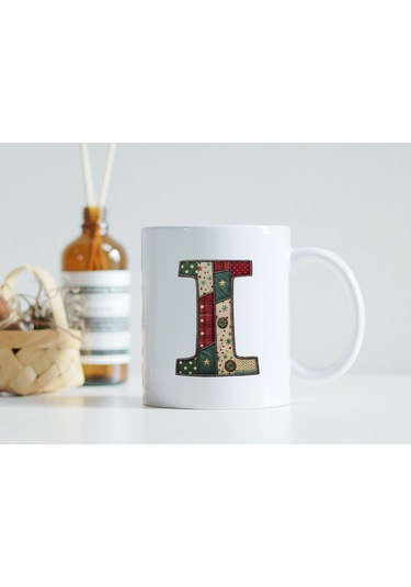 I Harfi Yılbaşı Temalı Kupa Bardak - Yeni Yıl Konsept Yamalı Efekt Tasarım - Noel Hediye Beyaz