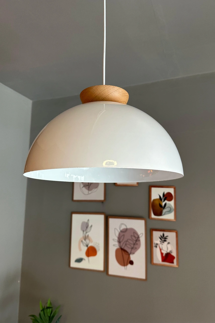 Yimpi Beyaz Avize Ahşap Tekli Sarkıt Salon Kuaför Cafe Dekoratif Aydınlatma Pastane Beyaz