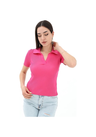Polo Yakalı Kısa Kol Triko Kazak - Fuşya - Kadın Fuşya