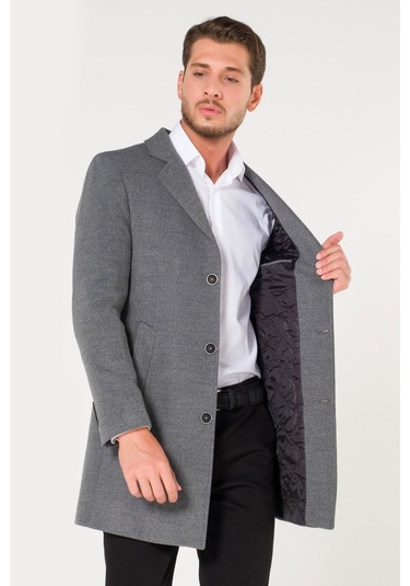 Slim Fit V Yaka Kışlık Gümüş Gri Erkek Kaşe Kaban-Gümüş