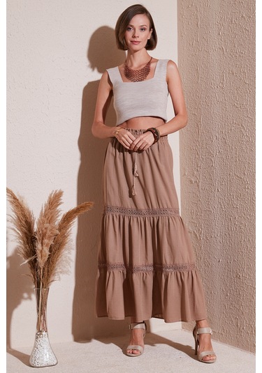 Lela Güpürlü Beli Lastikli Uzun Bayan Etek 611Et0106 Camel