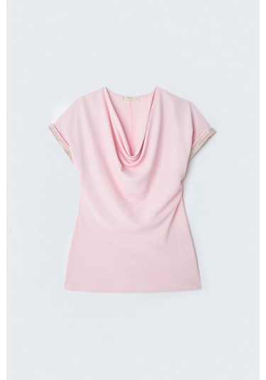 Sateen Kollar Taş Detaylı Salaş Bluz - Pembe-137392