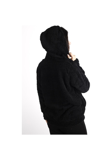 Kadın Siyah Peluş Yumoş Fermuarlı Kapüşonlu Cepli Welsoft Ceket 22kckteres 001
