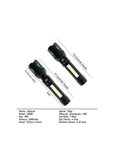Valkyrie Şarjlı 15w Led 7 Işık Modu Çakarlı Zoom Özellikli Dijital Güç Göstergeli Uzun Pil Ömrü Siyah