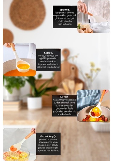 Akasya Saplı 4'lü Silikon Mutfak Gereçleri Seti Kepçe Kevgir Mutfak Kaşığı Spatula