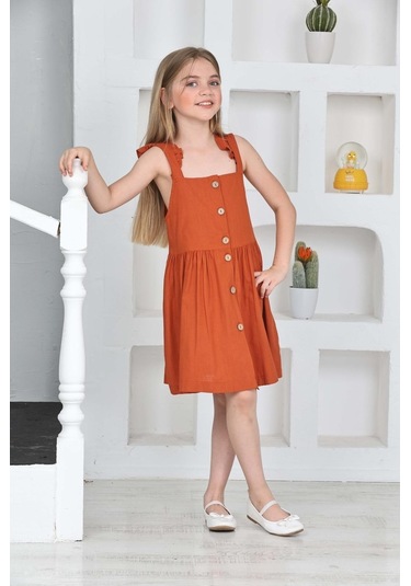 Kız Çocuk %100 Pamuk Keten Elbise 12197 Kiremit