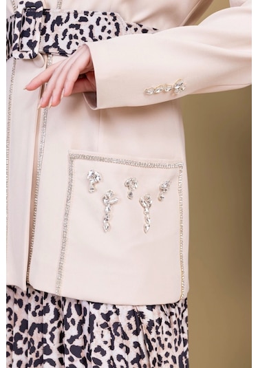 Leopar Desenli Ceketli Üçlü Takım 4715-bej Bej