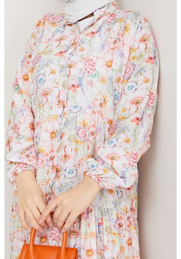 Elera Desenli Yarasa Kol Tesettür Elbise 1572 - Pembe Pembe