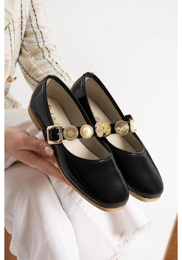 Günlük Kadın Babet Altın Para İnci Toka Ses Yapmaz Ortopedik Hafif Rahat Ayakkabı 110 Siyah