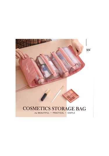 4'lü Kadın Kozmetik Çantası, Fermuarlı, Ayrılabilir, Katlanabilir, Makyaj Fırça Çantası 6