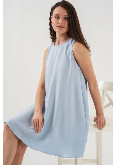 2444 Mini Keten Elbise - Açık Mavi Açik Mavi