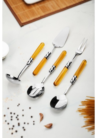 5 Parça Platin Servis Seti & Servis Sunum Seti Amber Kepçe / Kevgir / Sıpatula / Çatal / Kaşık
