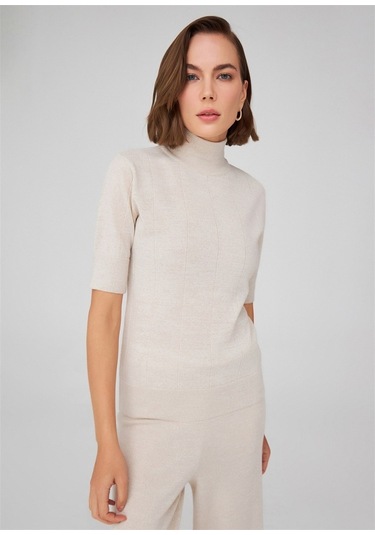 Peraluna Balıkçı Yaka Kısa Kollu İnce Basic Kadın Triko Bluz Ekru-Ekru