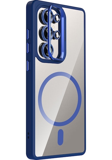 Galaxy Uyumlu S25 Ultra Kılıf Standlı + Kamera Lens Koruma Setli M-safe Şarj Özellikli Mkst Lacivert Lacivert