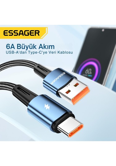 Essager 1 Metre 120w 6a Pd3.1 Usb To Type-c Mega Hızlı Data Şarj Kablosu, Ultra Sağlam Halat Kablo Kopmaz