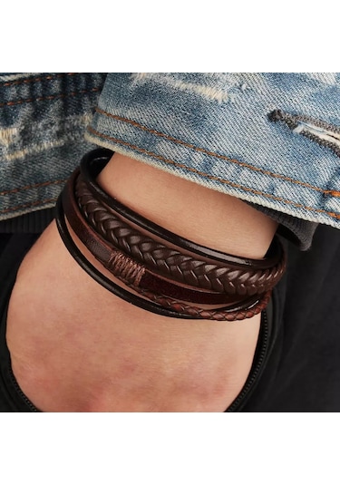 Erkek Hakiki Deri Bileklik Kahverengi Çelik Toka Bileklik Db5027 Kahverengi