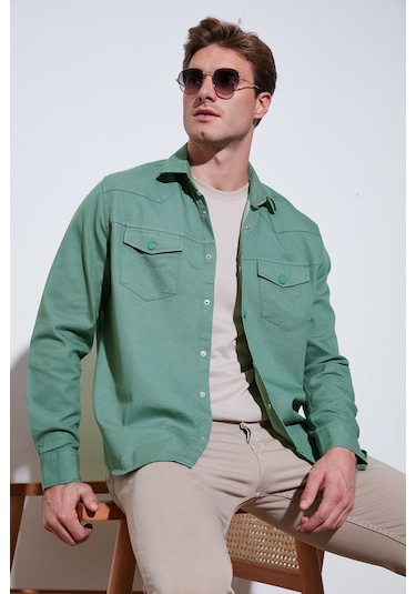 Buratti Pamuklu Regular Fit Çift Cepli Erkek Gömlek Cf24W116927 Haki