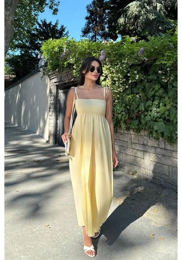 Uzun Pamuklu Yaz Elbisesi Askısı Bağlamalı Astarsız 4301 Sarı