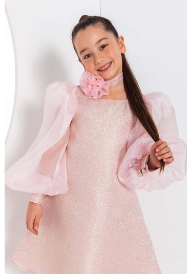 Riccotarz Kız Çocuk Çiçekli Boyunluk Hediyeli Şeffaf Karpuz Kollu Üzeri Pembe Lila Elbise Pembe