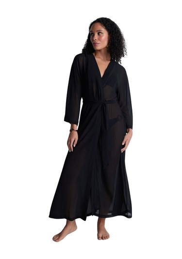 Aubade Beach Walk Kimono, Uzun Kollu, Derin Dekolteli, Hafif Plaj Üstlüğü Siyah