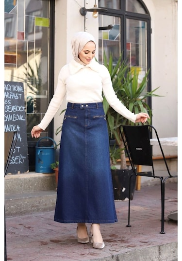 Beli Çıt Çıtlı Fermuar Cep Detaylı Kot Etek - 001