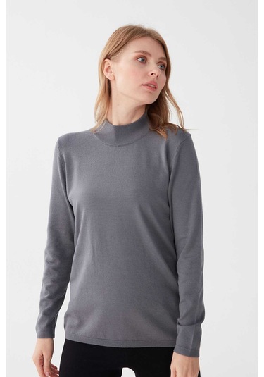 Desen Triko Kadın Likralı Uzun Kol Basic Yarım Balıkçı Bluz 0240016 Gri