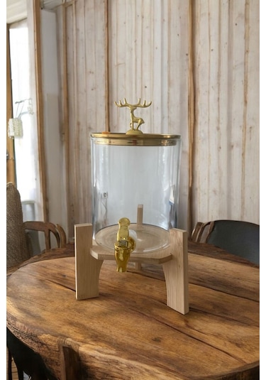 Qerhome Geyik Detaylı Bambu Standlı Şeffaf Cam Musluklu Şerbet- Meyve Suyu Içecek- Su Sebili 3,5 Lt