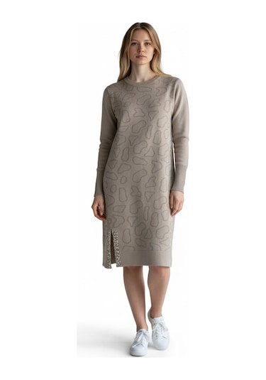 Kadın Önü Desenli Etek Yan Ucu Boncuklu Düşük Kol Tunik Krem