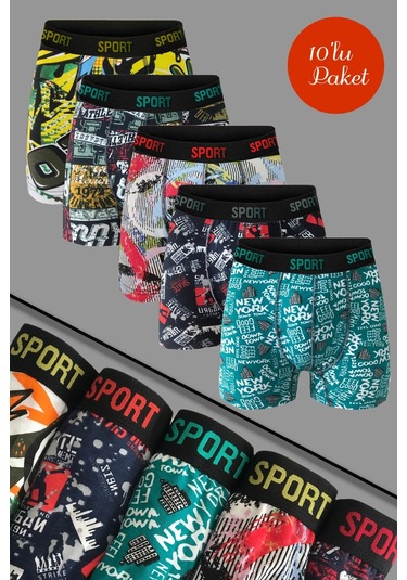 Erkek Desenli Premium Penye Pamuklu Likralı Boxer - 10'lu Set Vk-10'lu Desenli Set