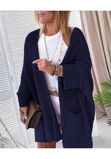 Defymoda Oversize Kalıp Cepli Salaş Triko Hırka Laci Lacivert