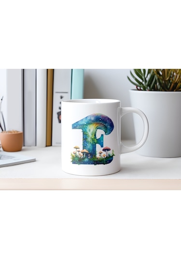 F Baş Harfi Fantastik Mantarlı Kupa Bardak - Kişiye Özel Masalsı Bardak - Hediye Beyaz