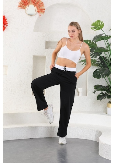 Kallima Siyah Beyaz Kemerli Mevsimlik Bol Paça Kadın Eşofman Altı Siyah