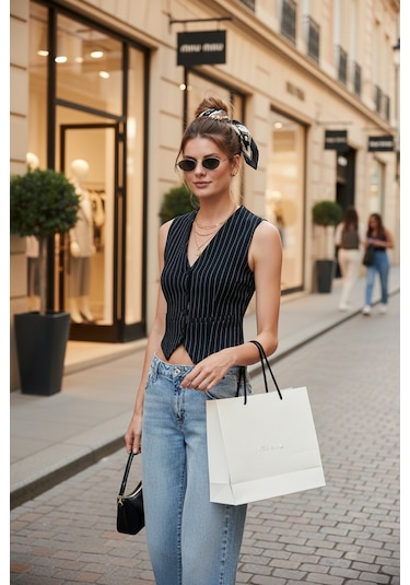 Lela Streç Fitted Fit V Yaka Düğmeli Bayan Yelek 5865971 Lacivert-Beyaz
