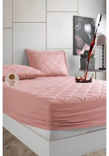 %100 Pamuk Set Renkli Alez Kapitone Sıvı Geçirmez Set - Pembe