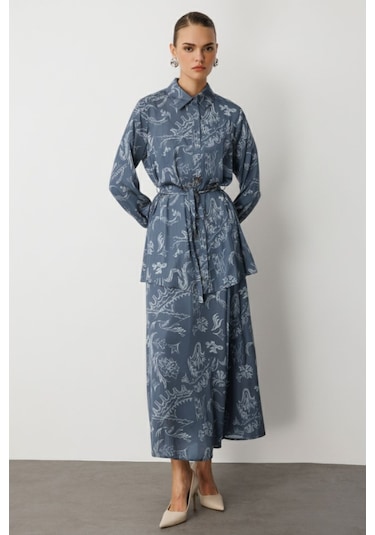 Mizalle Mavi Desenli Evaze Uzun Saten Etek Mavi