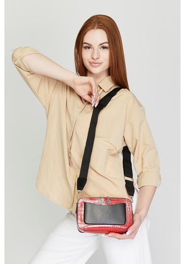 Morpelikan Kırmızı Kroko İki Bölmeli Kadın Omuz Çantası Kırmızı