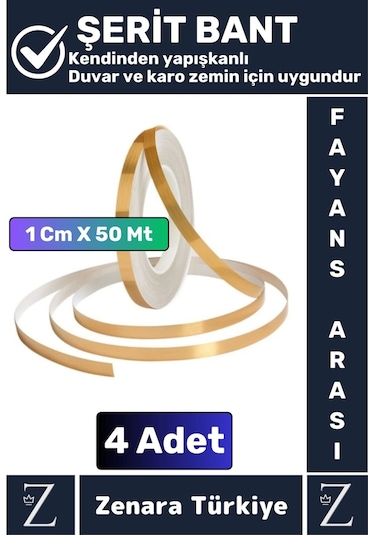 Premium Kendinden Yapışkanlı Su Geçirmez Fayans Arası Gold Şerit Derz Bant 1 Cm X 50 Metre 4 Adet