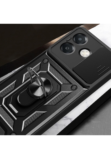 Teknomoda Oppo A3 Kılıf Yüzüklü Standlı Sürgülü Kamera Korumalı Tank Sert Silikon Kapak Siyah