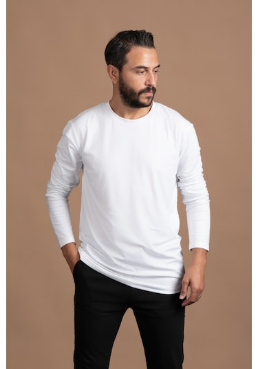 Regular Fit Bisiklet Yaka Rayon Kumaş Full Likralı Uzun Kol Sweatshirt Beyaz