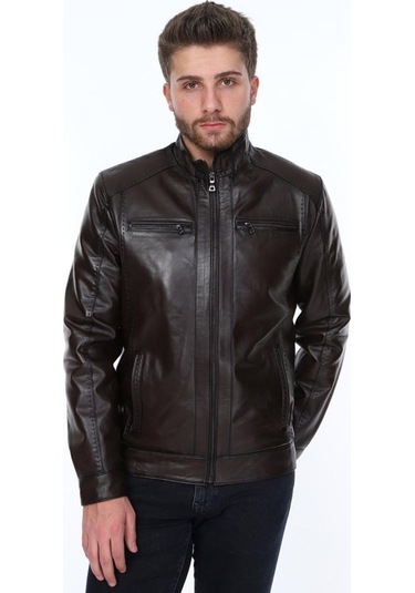 Hakiki Kuzu Derisi Fermuarlı Slim Fit Erkek Deri Ceket Kahverengi Kahverengi