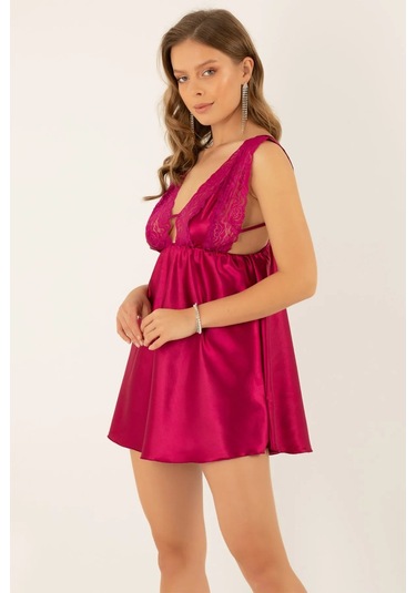 Faryanight Saten Dantelli Açık Sırt Detaylı Kalın Askılı Gecelik Burganya Bordosu Bordo