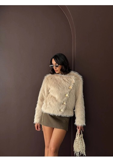 Kadın Vintage Peluş Tüylü Crop Ceket Altın Düğmeli Bisiklet Yaka Kışlık Şık Ceket Taş