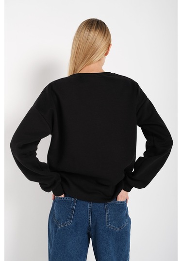 Modagen Kadın Siyah Berkeley Baskılı Bisiklet Yaka Oversize Sweatshirt Siyah