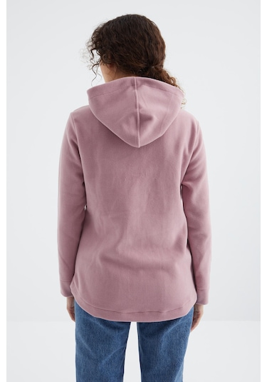 Tommy Life Gül Kurusu Kapüşonlu Fermuarlı Rahat Form Kadın Polar Sweatshirt - 97233 Gülkurusu