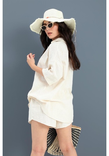 Pamuk Keten Şort Gömlek Kadın İkili Takım - Taş-taş Taş