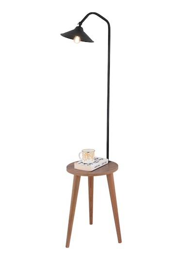 Clifferd Siyah Başlıklı Ahşap Sehpalı Modern Ayaklı Abajur Lamba Ahşap Lambader