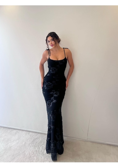 Siyah Siyah Ayarlanabilir Askılı Çiçekli Siyah Siyah