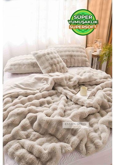 Kürk Yatak Örtüsü Çift Kişilik Dolgulu Peluş Yumuşak Çift Taraflı Yorgan 3 Parça Loria Bej Bej