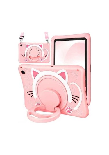 Fastbuy Samsung Galaxy Tab A9 Plus Uyumlu Pembe Silikon Yumuşak Kapak Döner Ayaklı Askılı Tellili Kılıf