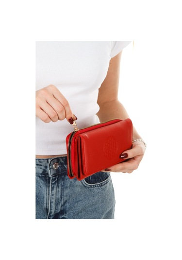 Yaşam Çiçeği Baskılı Şans Cüzdanı Kağıt Bozuk Para Ve Kartlık Bölmeli Kırmızı Kadın Cüzdan Kirmizi